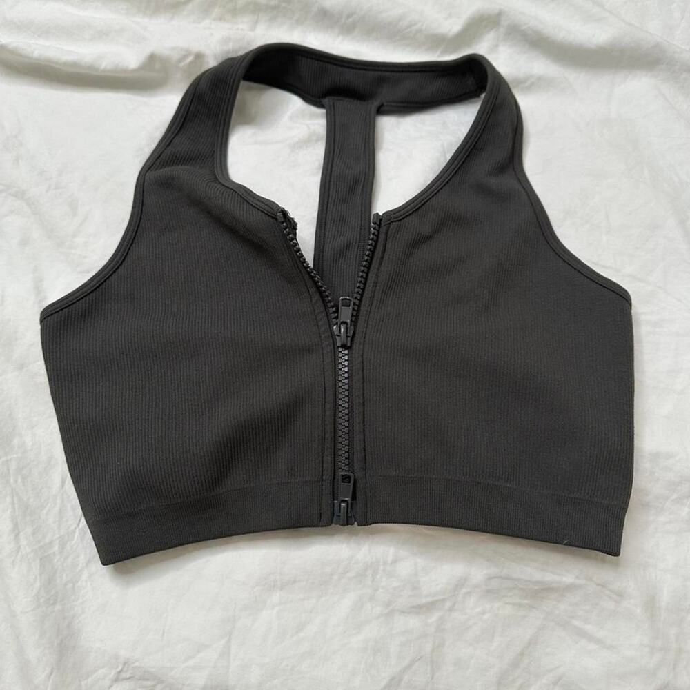 SET Active Ribbed Zip Front Sports Bra Black XL Seamless Activewear
